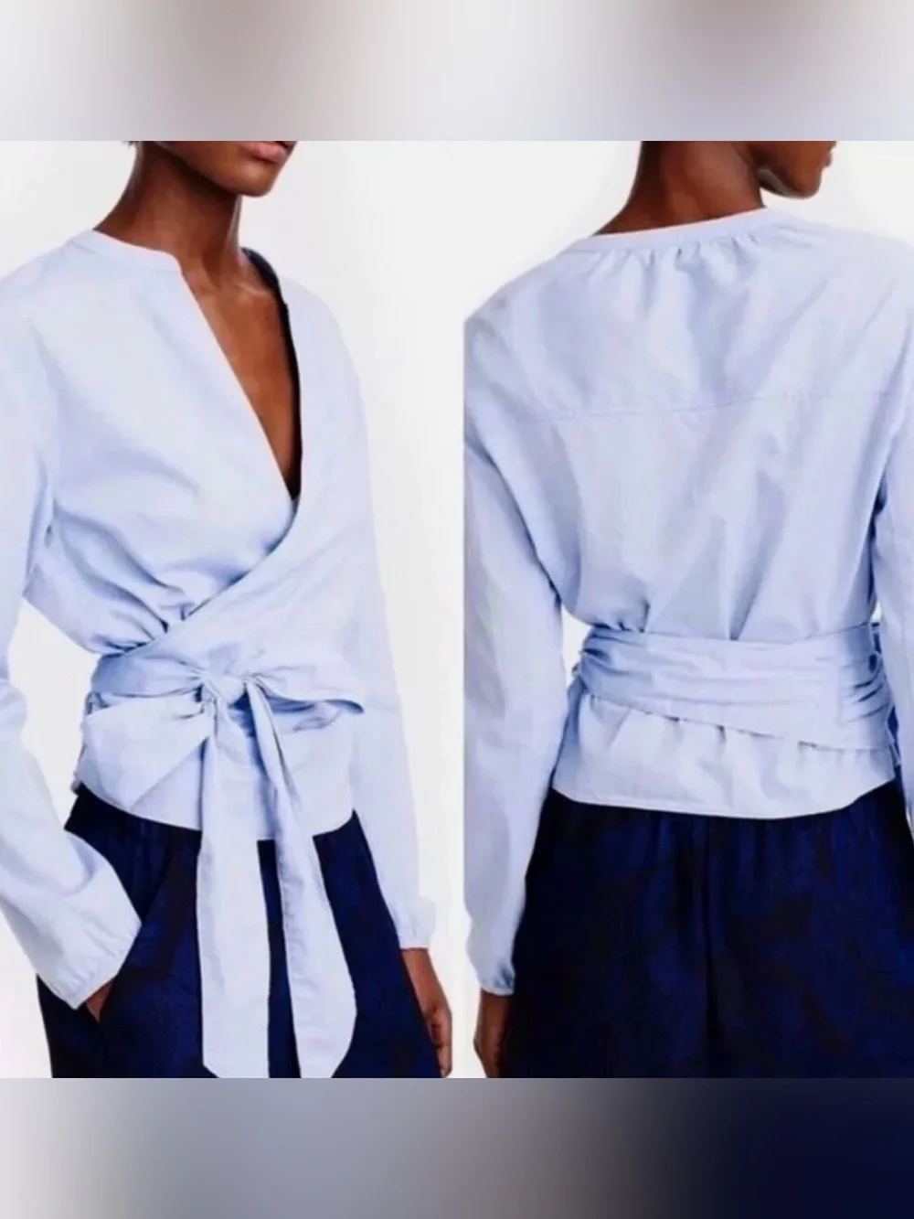 J. Crew Sarah Wrap Top Oxford Powder Blue Long Sleeve Blouse Surplice Medium